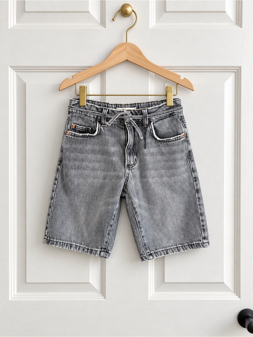 Zara Girls Size 9 Gray Acid Wash Denim Bermuda Shorts Tie Waist Adjustable